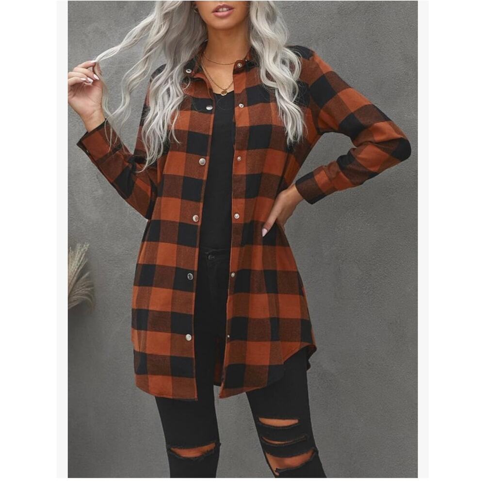 EVALESS Women's Rust and Black Flannel Tunic Shirt/Shacket 38" Long NWT 2XL